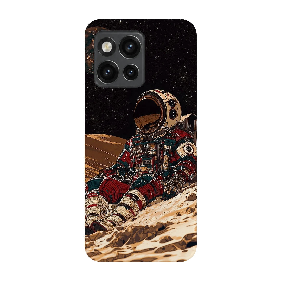 Lunar Astronaut 3D Print OnePlus 10T Phone Case, back view; a seated astronaut in a red suit on a pale rocky lunar landscape