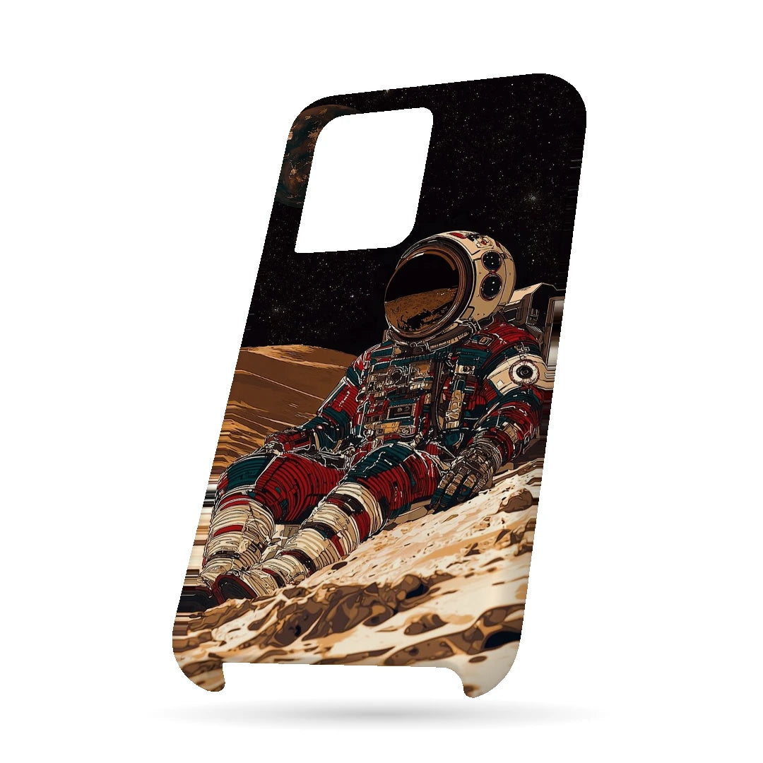 Lunar Astronaut 3D Print OnePlus 10T Phone Case, bottom view; a seated astronaut in a red suit on a pale rocky lunar landscape