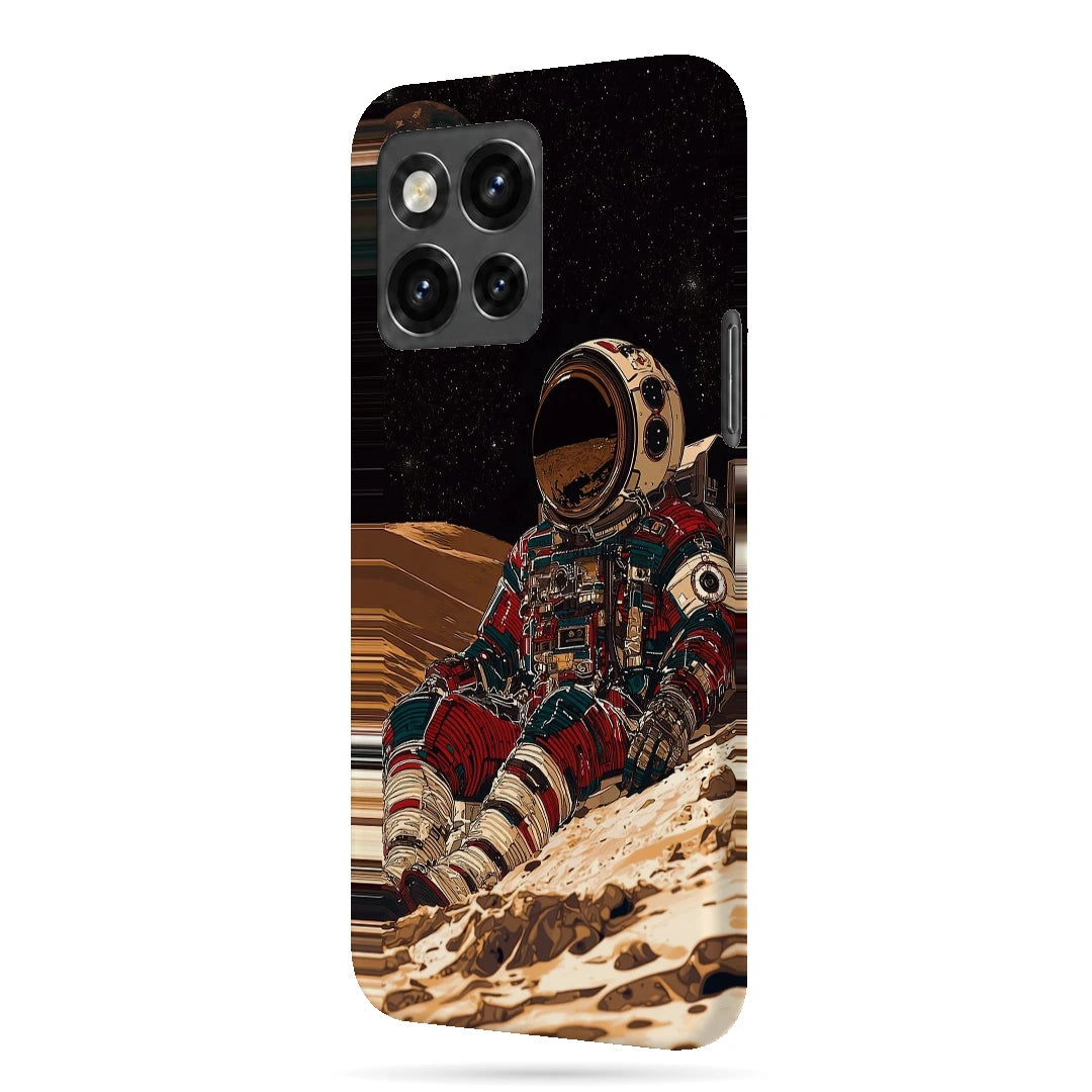 Lunar Astronaut 3D Print OnePlus 10T Phone Case, right-side view; a seated astronaut in a red suit on a pale rocky lunar landscape