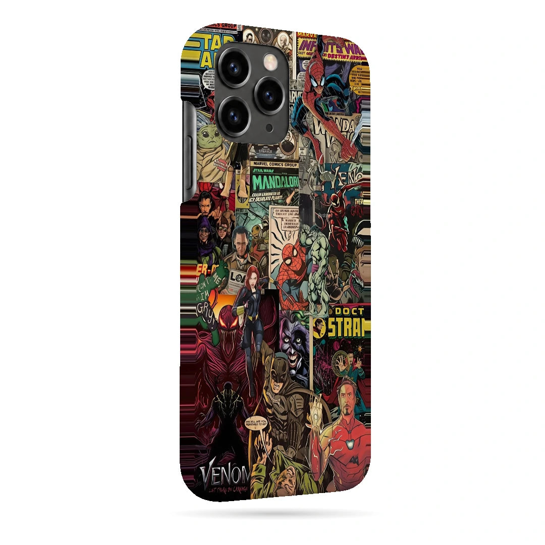 Marvel Comic Collage 3D Print iPhone 11 Pro Phone Case, right-side view; a colorful layered collage of comic characters and illustrated panels