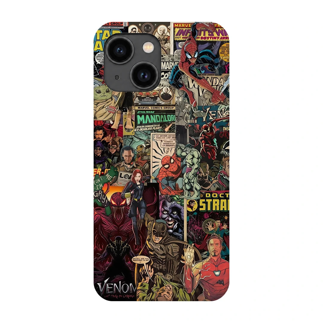 Marvel Comic Collage 3D Print iPhone 13 Phone Case, back view; a colorful layered collage of comic characters and illustrated panels