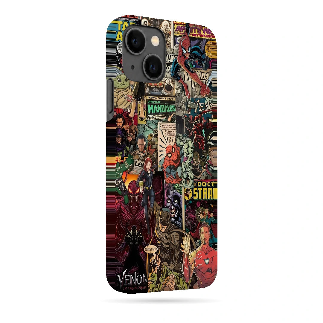 Marvel Comic Collage 3D Print iPhone 13 Phone Case, right-side view; a colorful layered collage of comic characters and illustrated panels