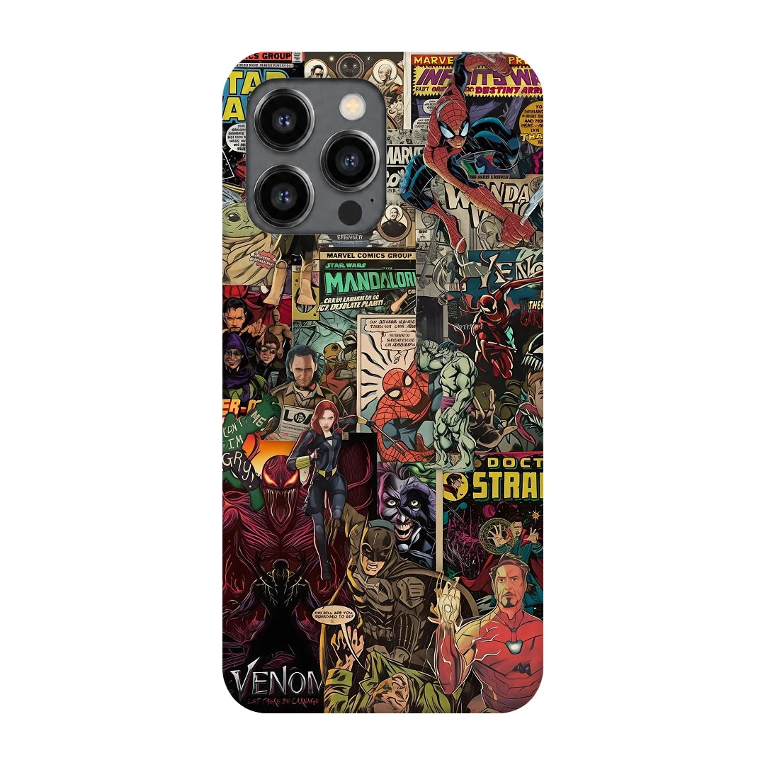 Marvel Comic Collage 3D Print iPhone 13 Pro Max Phone Case, back view; a colorful layered collage of comic characters and illustrated panels