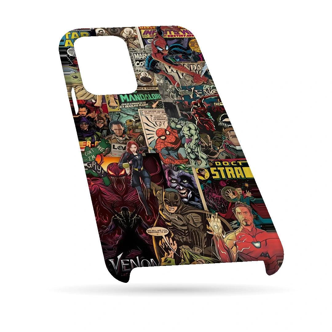 Marvel Comic Collage 3D Print iPhone 13 Pro Max Phone Case, bottom view; a colorful layered collage of comic characters and illustrated panels