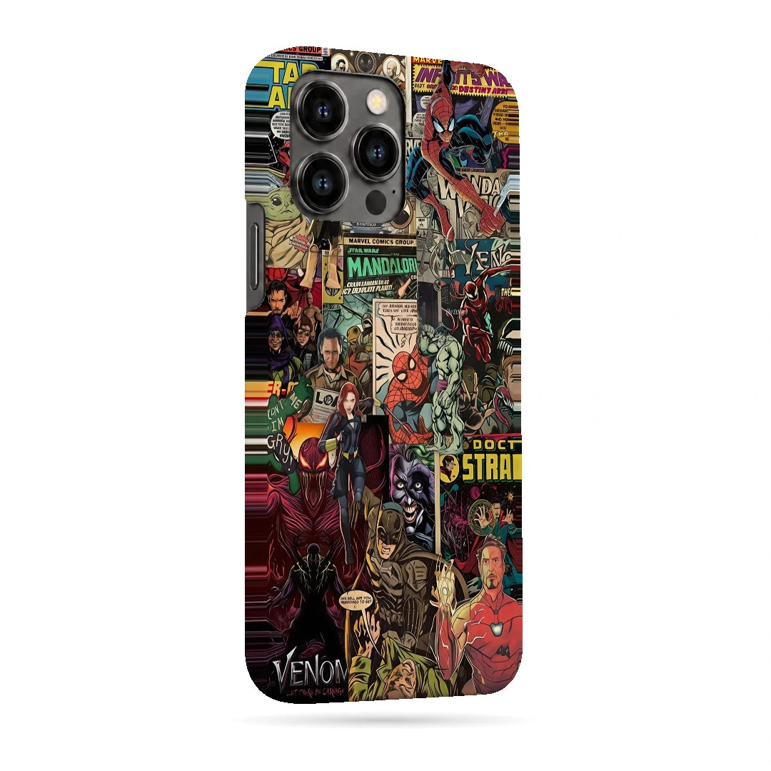 Marvel Comic Collage 3D Print iPhone 13 Pro Max Phone Case, right-side view; a colorful layered collage of comic characters and illustrated panels