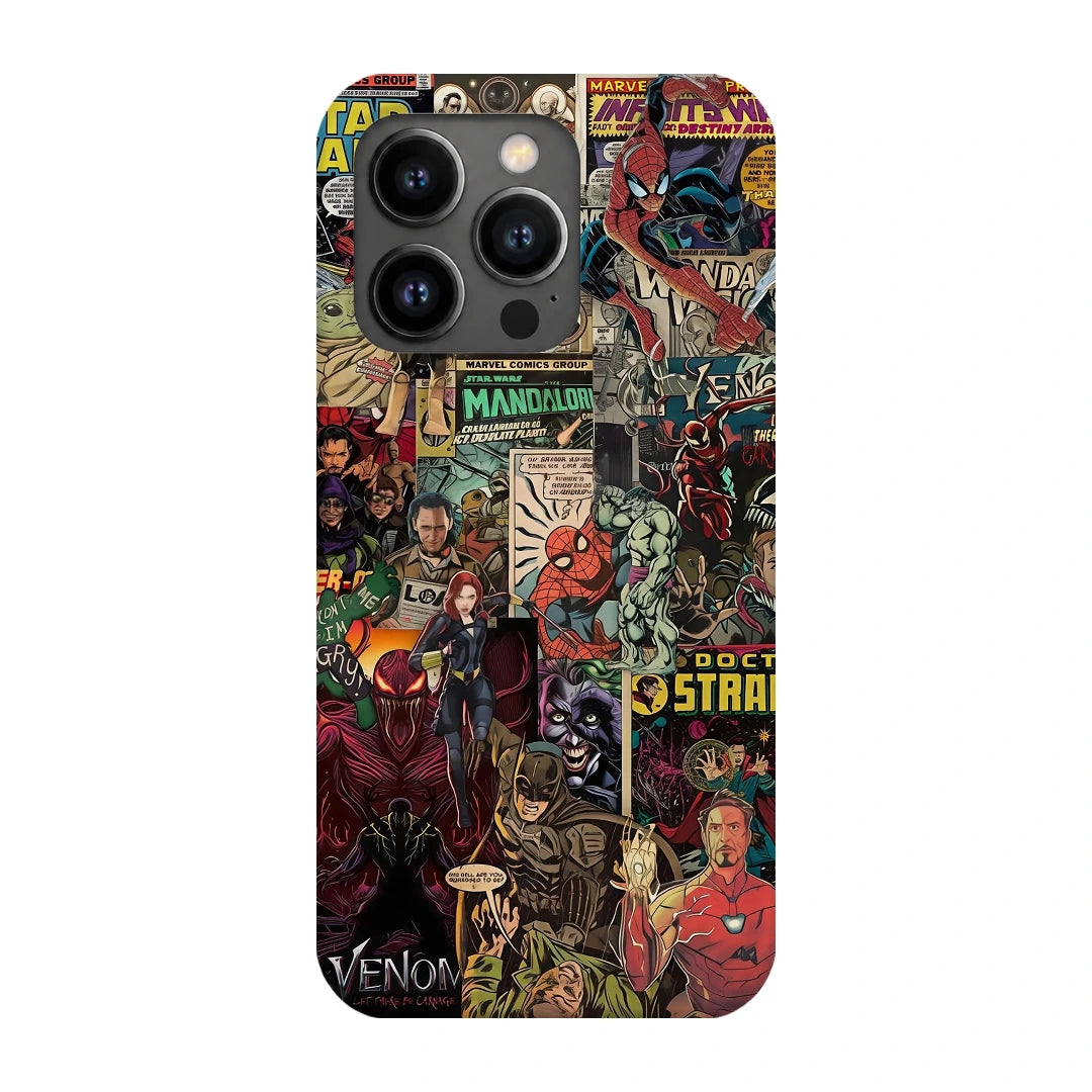 Marvel Comic Collage 3D Print iPhone 13 Pro Phone Case, back view; a colorful layered collage of comic characters and illustrated panels