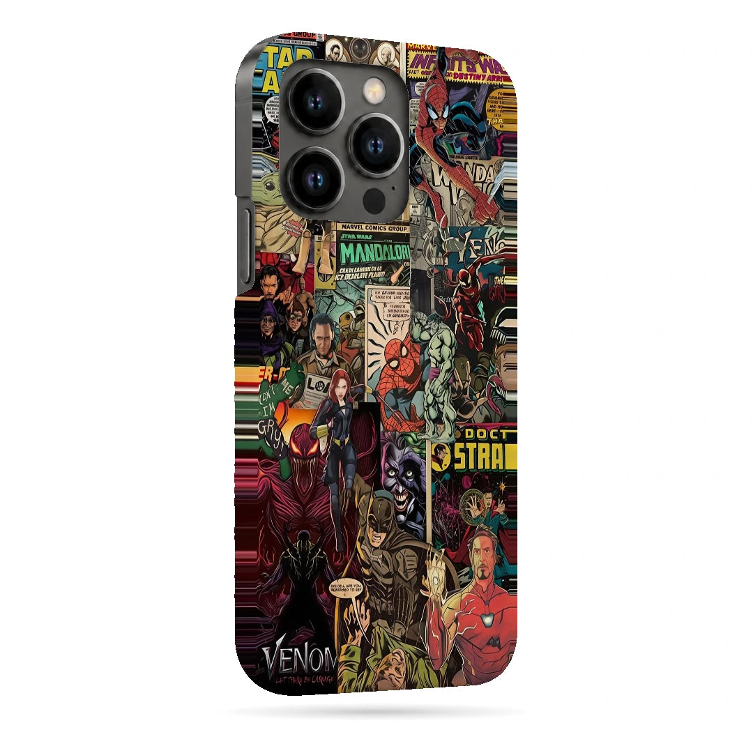Marvel Comic Collage 3D Print iPhone 13 Pro Phone Case, right-side view; a colorful layered collage of comic characters and illustrated panels