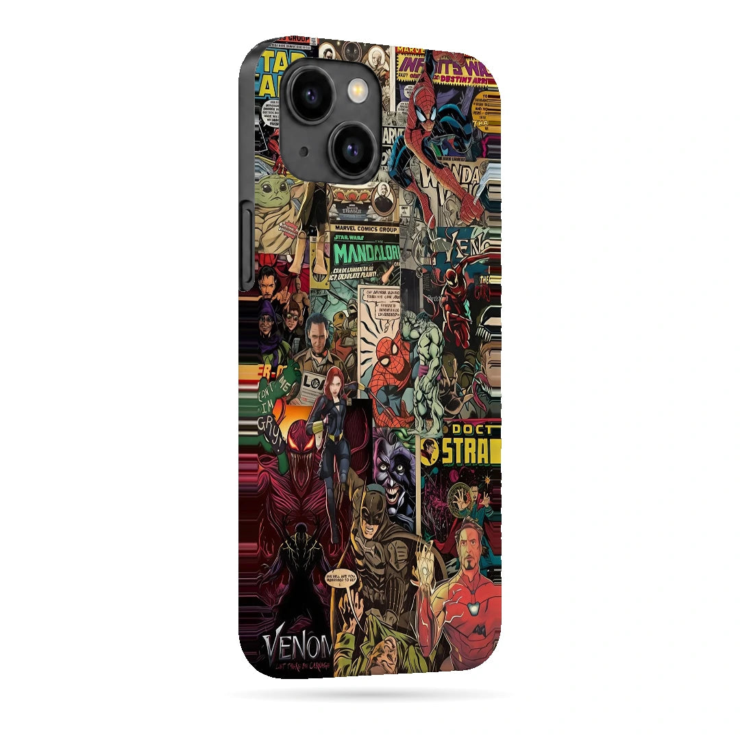 Marvel Comic Collage 3D Print iPhone 14 Phone Case, right-side view; a colorful layered collage of comic characters and illustrated panels