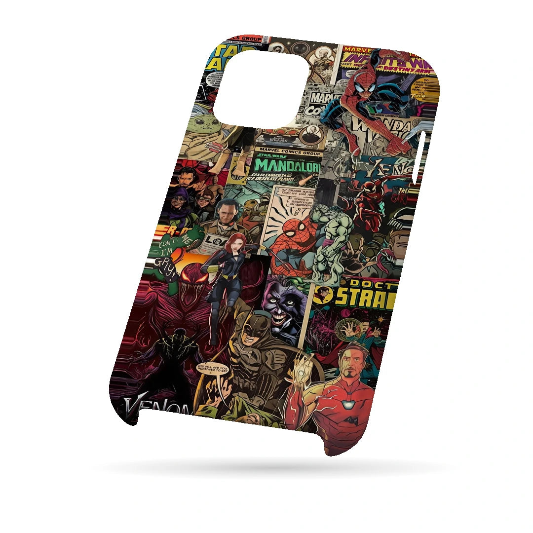 Marvel Comic Collage 3D Print iPhone 15 Phone Case, bottom view; a colorful layered collage of comic characters and illustrated panels