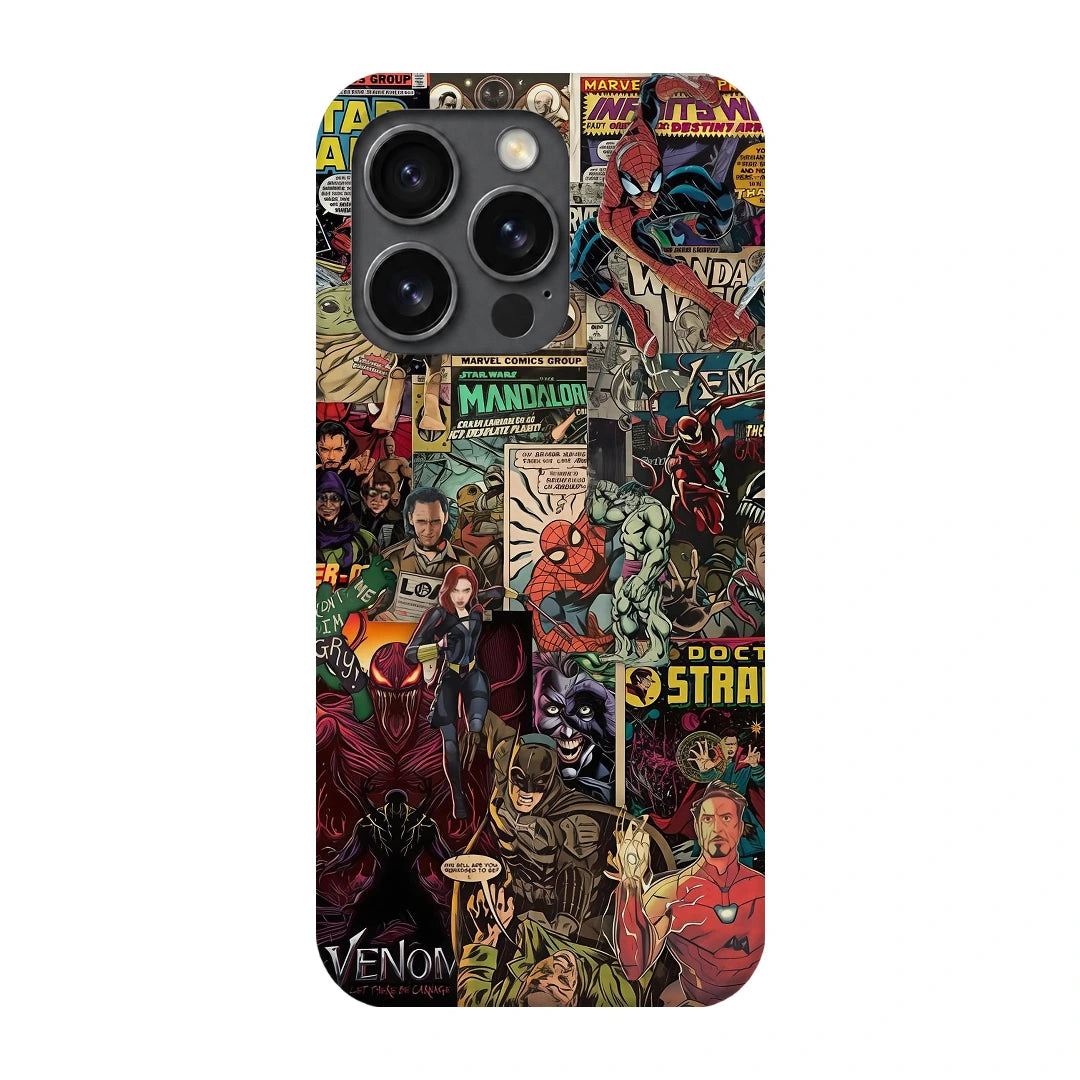Marvel Comic Collage 3D Print iPhone 15 Pro Phone Case, back view; a colorful layered collage of comic characters and illustrated panels
