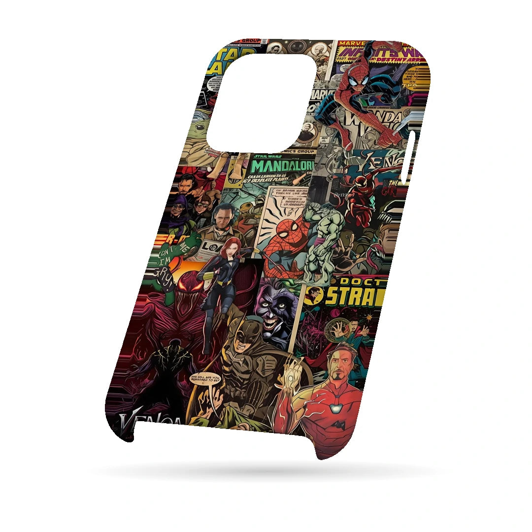 Marvel Comic Collage 3D Print iPhone 15 Pro Phone Case, bottom view; a colorful layered collage of comic characters and illustrated panels