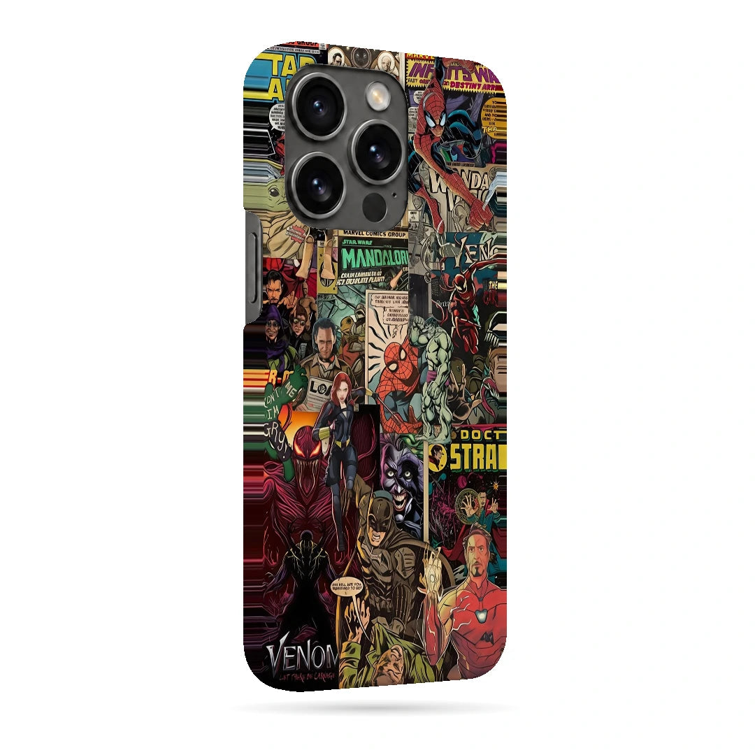 Marvel Comic Collage 3D Print iPhone 15 Pro Phone Case, right-side view; a colorful layered collage of comic characters and illustrated panels