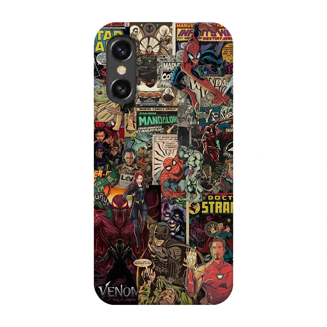Marvel Comic Collage 3D Print iPhone X Phone Case, back view; a colorful layered collage of comic characters and illustrated panels