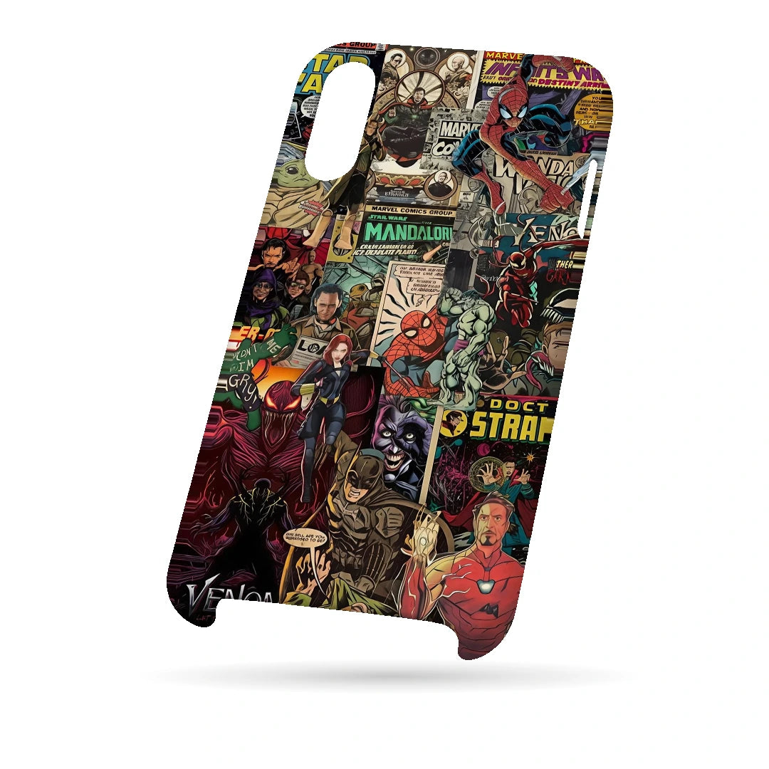 Marvel Comic Collage 3D Print iPhone X Phone Case, bottom view; a colorful layered collage of comic characters and illustrated panels