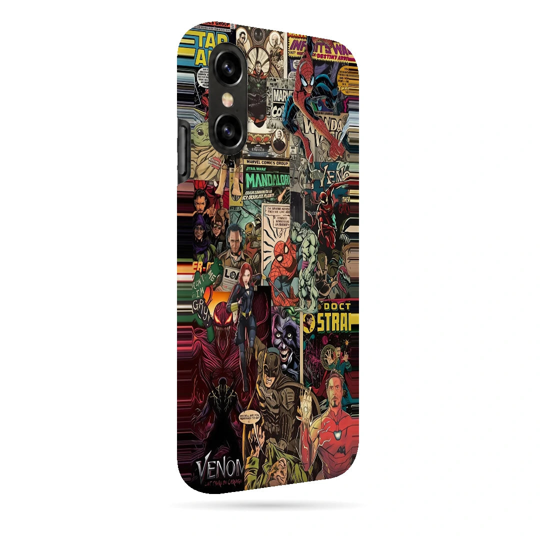 Marvel Comic Collage 3D Print iPhone X Phone Case, right-side view; a colorful layered collage of comic characters and illustrated panels