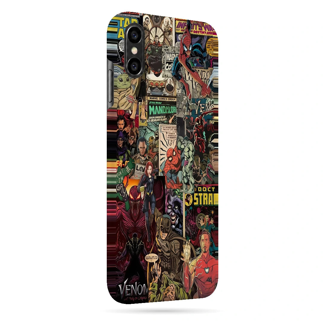 Marvel Comic Collage 3D Print iPhone XS Max Phone Case, right-side view; a colorful layered collage of comic characters and illustrated panels