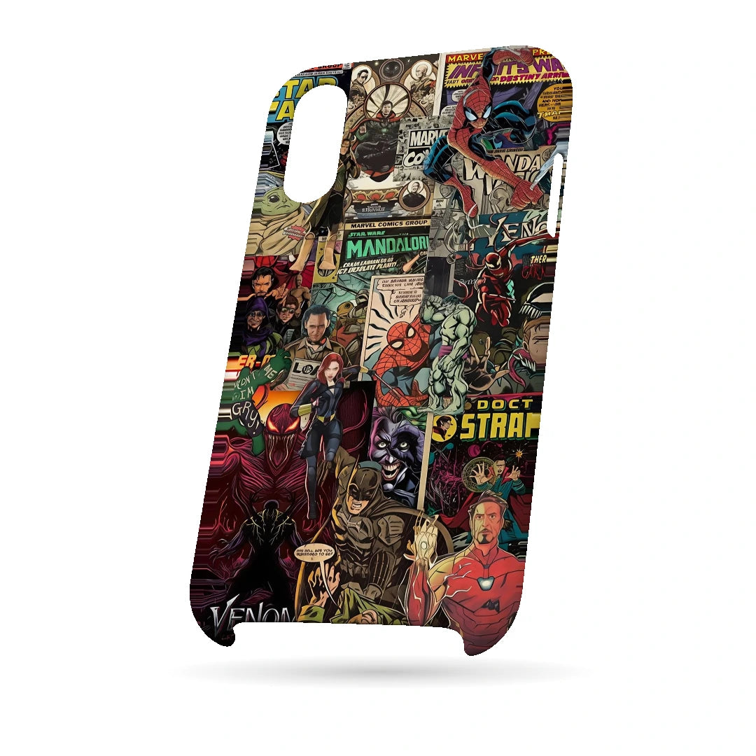 Marvel Comic Collage 3D Print iPhone XS Phone Case, bottom view; a colorful layered collage of comic characters and illustrated panels