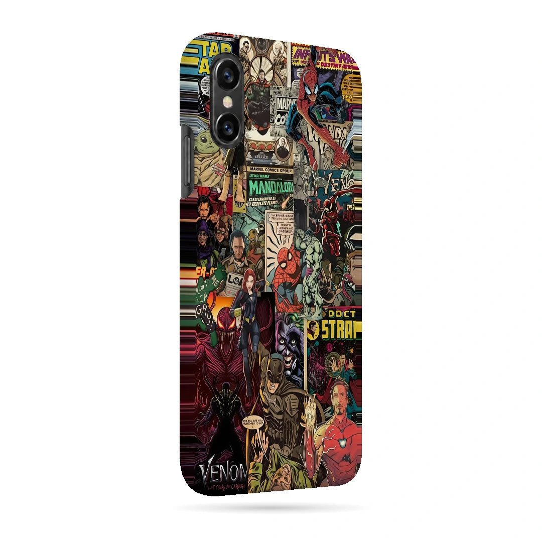 Marvel Comic Collage 3D Print iPhone XS Phone Case, right-side view; a colorful layered collage of comic characters and illustrated panels
