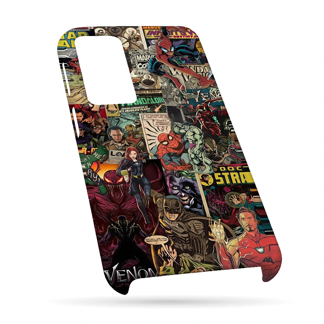 Marvel Comic Collage 3D Print OnePlus 10R Phone Case, bottom view; a colorful layered collage of comic characters and illustrated panels