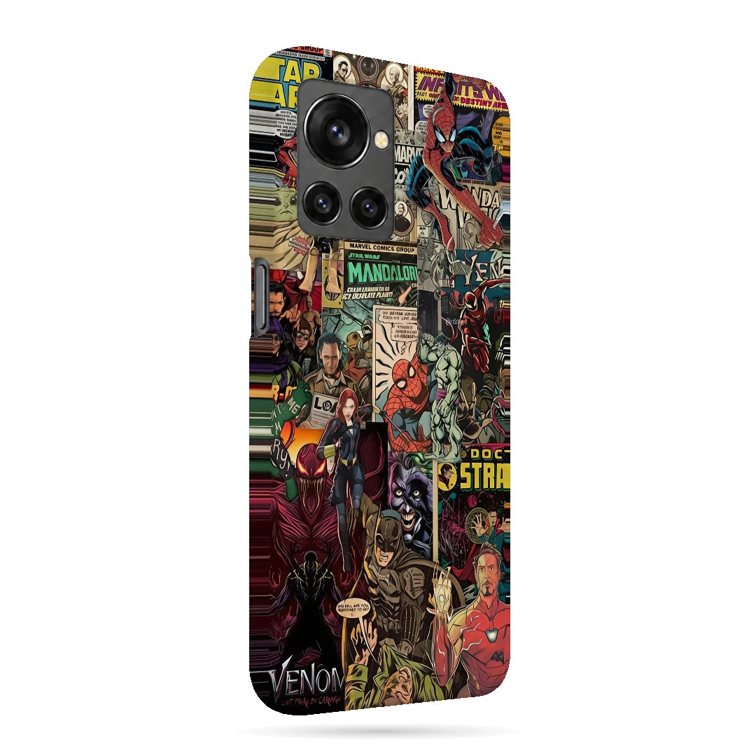 Marvel Comic Collage 3D Print OnePlus 10R Phone Case, right-side view; a colorful layered collage of comic characters and illustrated panels