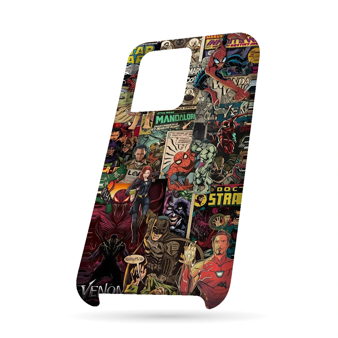 Marvel Comic Collage 3D Print OnePlus 10T Phone Case, bottom view; a colorful layered collage of comic characters and illustrated panels