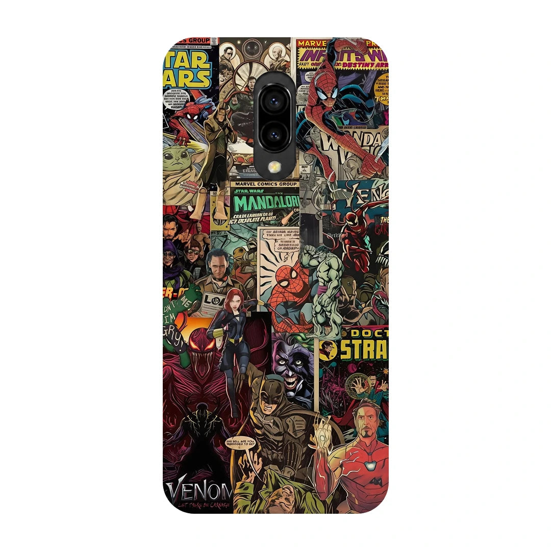 Marvel Comic Collage 3D Print OnePlus 6T Phone Case, back view; a colorful layered collage of comic characters and illustrated panels