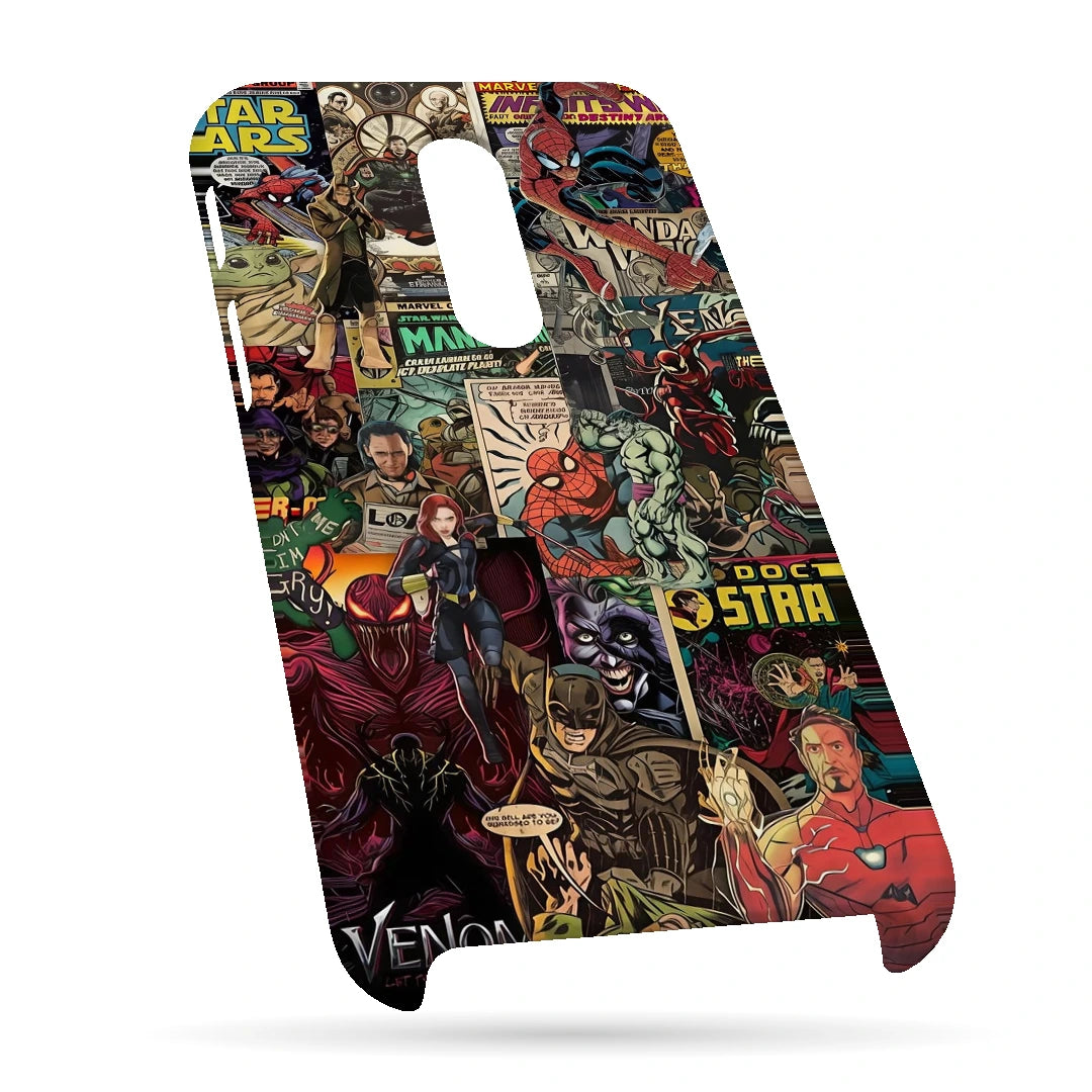 Marvel Comic Collage 3D Print OnePlus 6T Phone Case, bottom view; a colorful layered collage of comic characters and illustrated panels