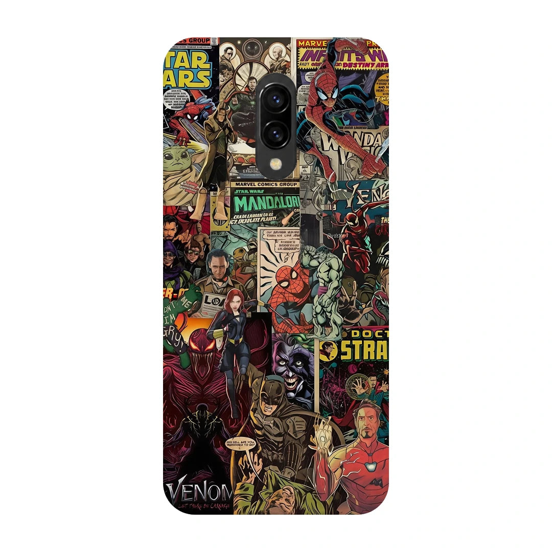 Marvel Comic Collage 3D Print OnePlus 7 Phone Case, back view; a colorful layered collage of comic characters and illustrated panels