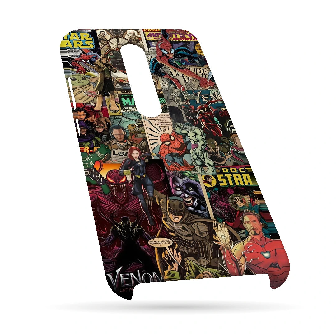 Marvel Comic Collage 3D Print OnePlus 7T Pro Phone Case, bottom view; a colorful layered collage of comic characters and illustrated panels