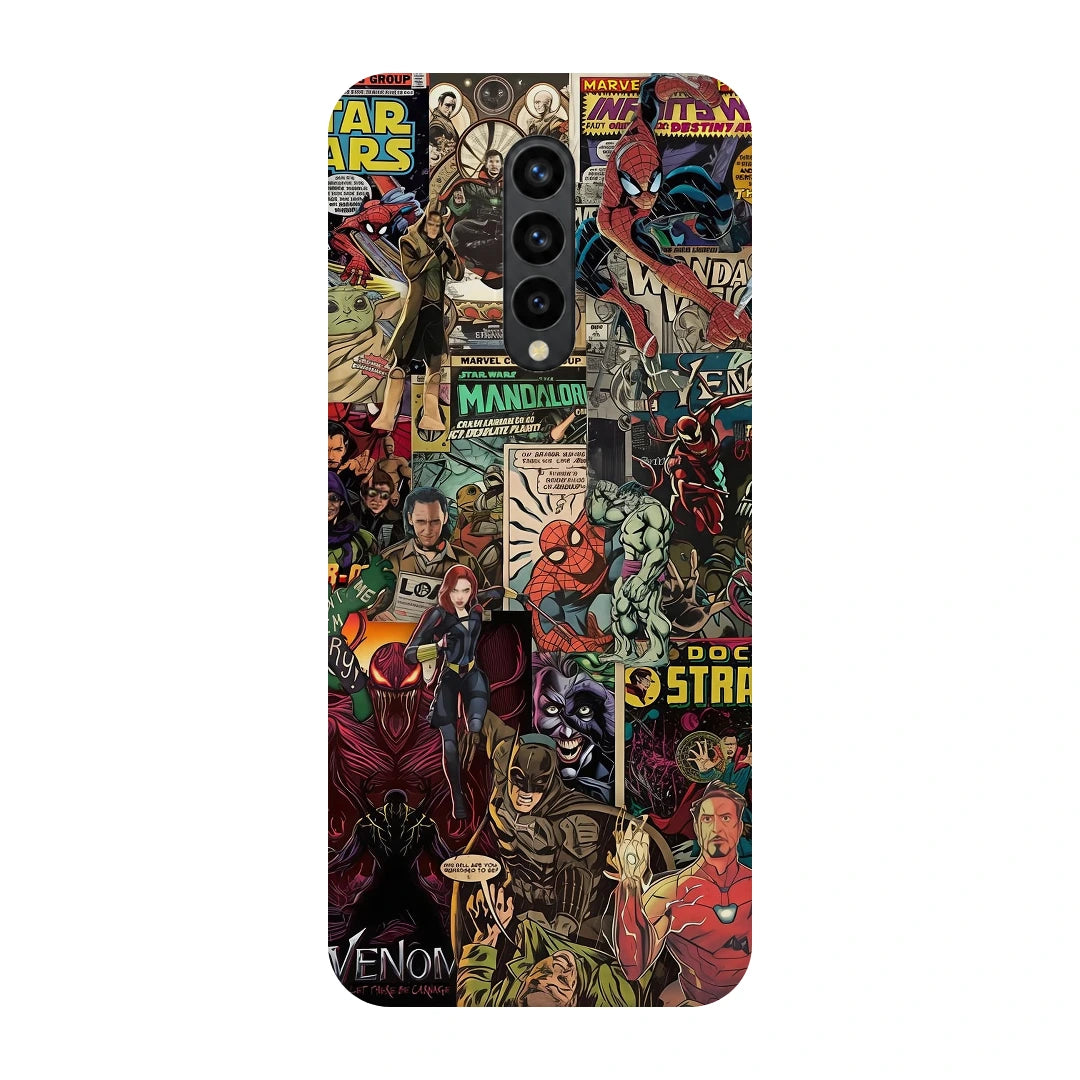 Marvel Comic Collage 3D Print OnePlus 8 Phone Case, back view; a colorful layered collage of comic characters and illustrated panels