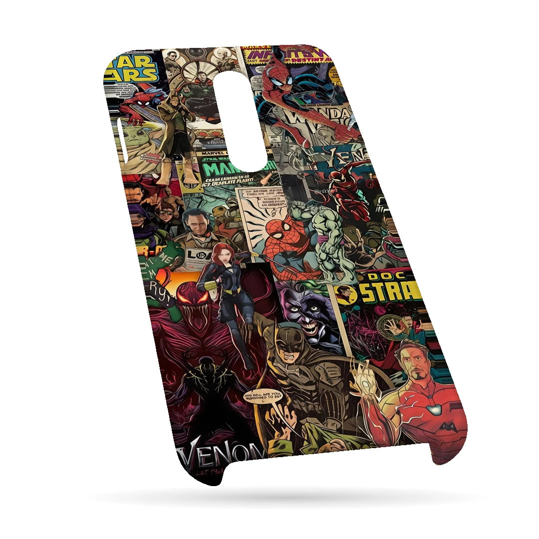 Marvel Comic Collage 3D Print OnePlus 8 Phone Case, bottom view; a colorful layered collage of comic characters and illustrated panels