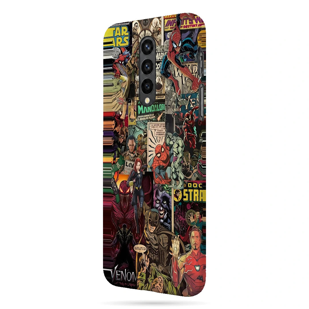 Marvel Comic Collage 3D Print OnePlus 8 Phone Case, right-side view; a colorful layered collage of comic characters and illustrated panels
