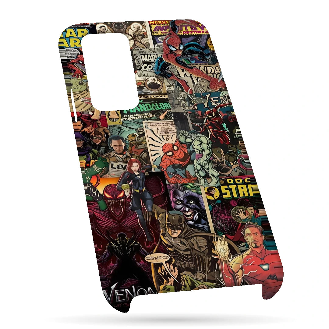 Marvel Comic Collage 3D Print OnePlus 8 Pro Phone Case, bottom view; a colorful layered collage of comic characters and illustrated panels