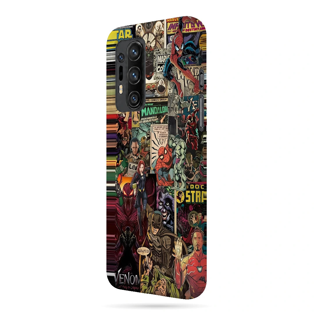 Marvel Comic Collage 3D Print OnePlus 8 Pro Phone Case, right-side view; a colorful layered collage of comic characters and illustrated panels