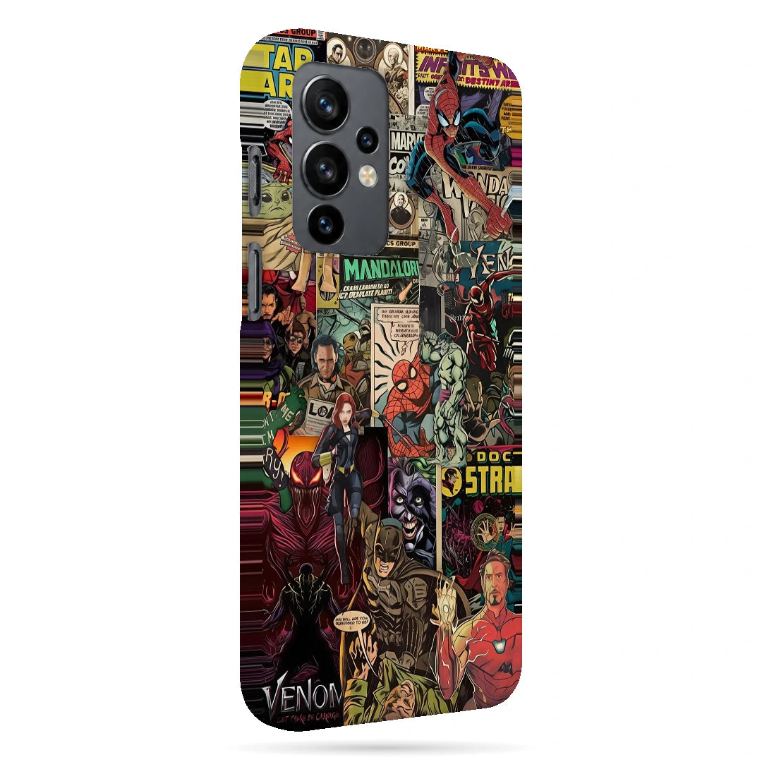 Marvel Comic Collage 3D Print OnePlus 9 Phone Case, right-side view; a colorful layered collage of comic characters and illustrated panels