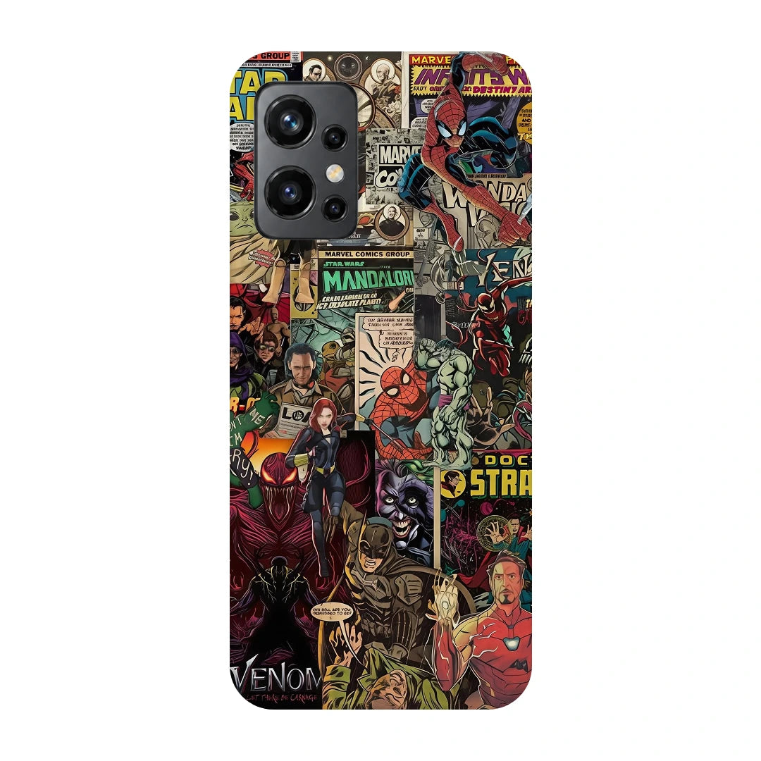 Marvel Comic Collage 3D Print OnePlus 9R Phone Case, back view; a colorful layered collage of comic characters and illustrated panels