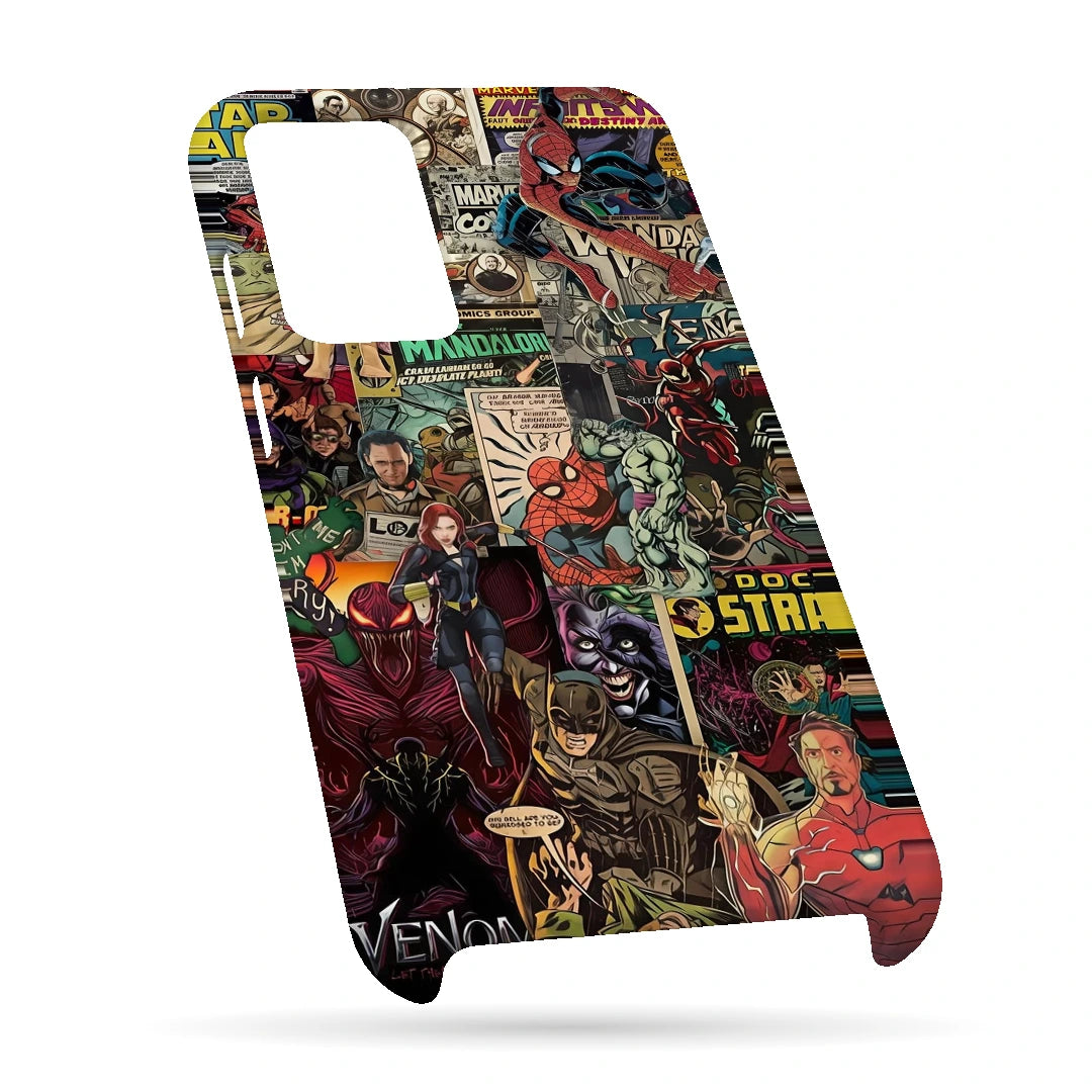 Marvel Comic Collage 3D Print OnePlus 9R Phone Case, bottom view; a colorful layered collage of comic characters and illustrated panels