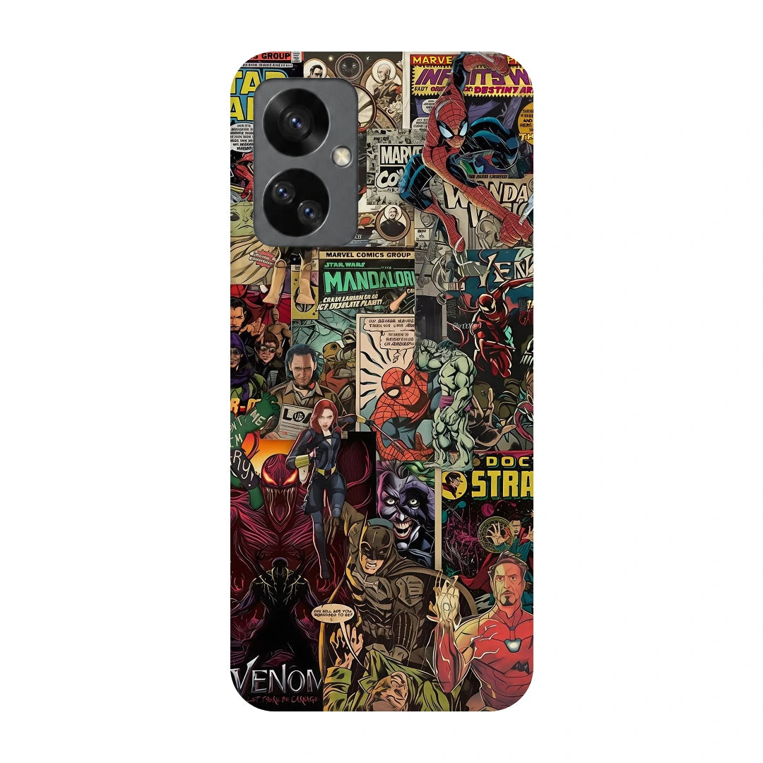 Marvel Comic Collage 3D Print OnePlus Nord 2T Phone Case, back view; a colorful layered collage of comic characters and illustrated panels