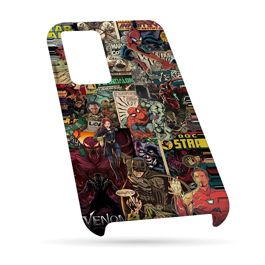 Marvel Comic Collage 3D Print OnePlus Nord 2T Phone Case, bottom view; a colorful layered collage of comic characters and illustrated panels