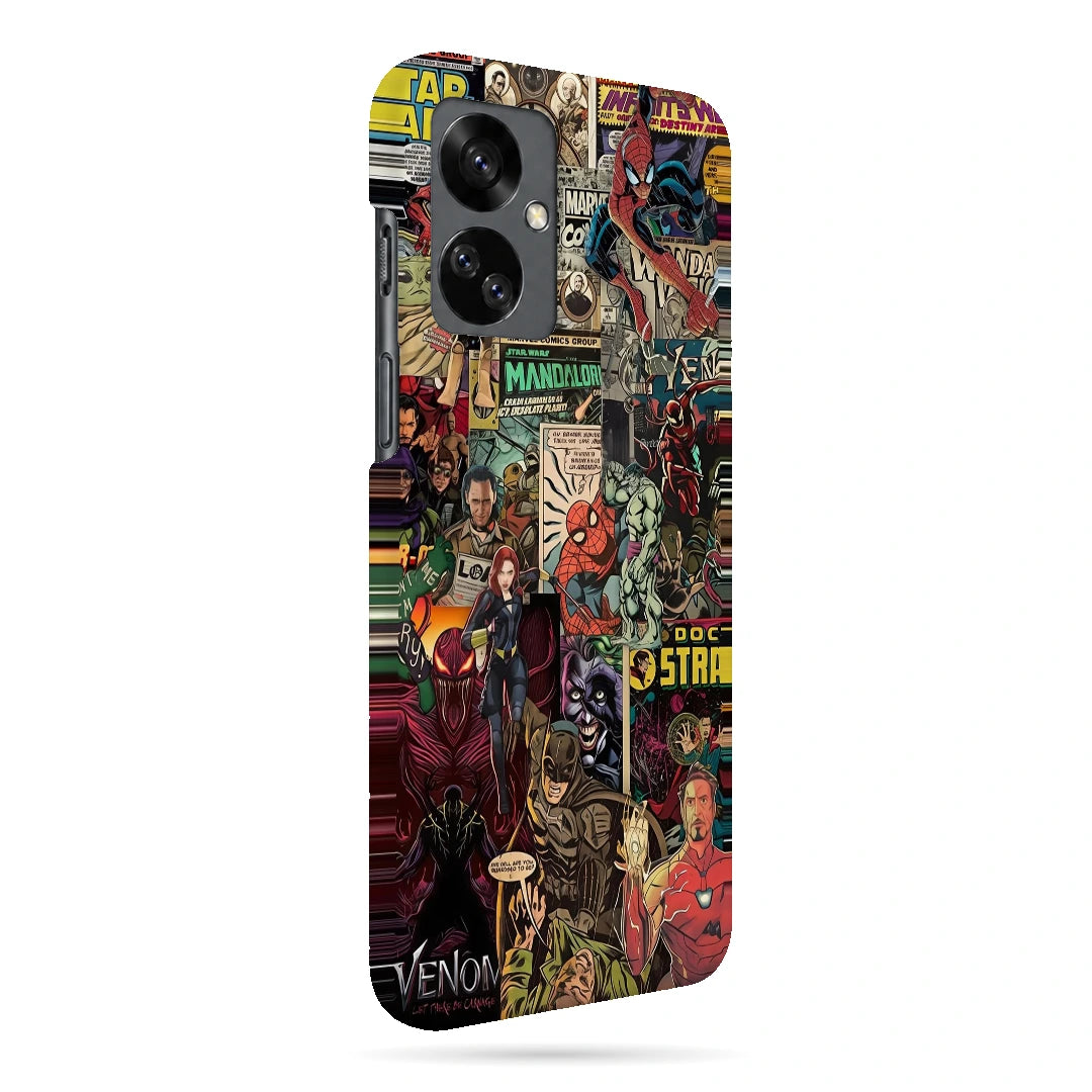 Marvel Comic Collage 3D Print OnePlus Nord 2T Phone Case, right-side view; a colorful layered collage of comic characters and illustrated panels