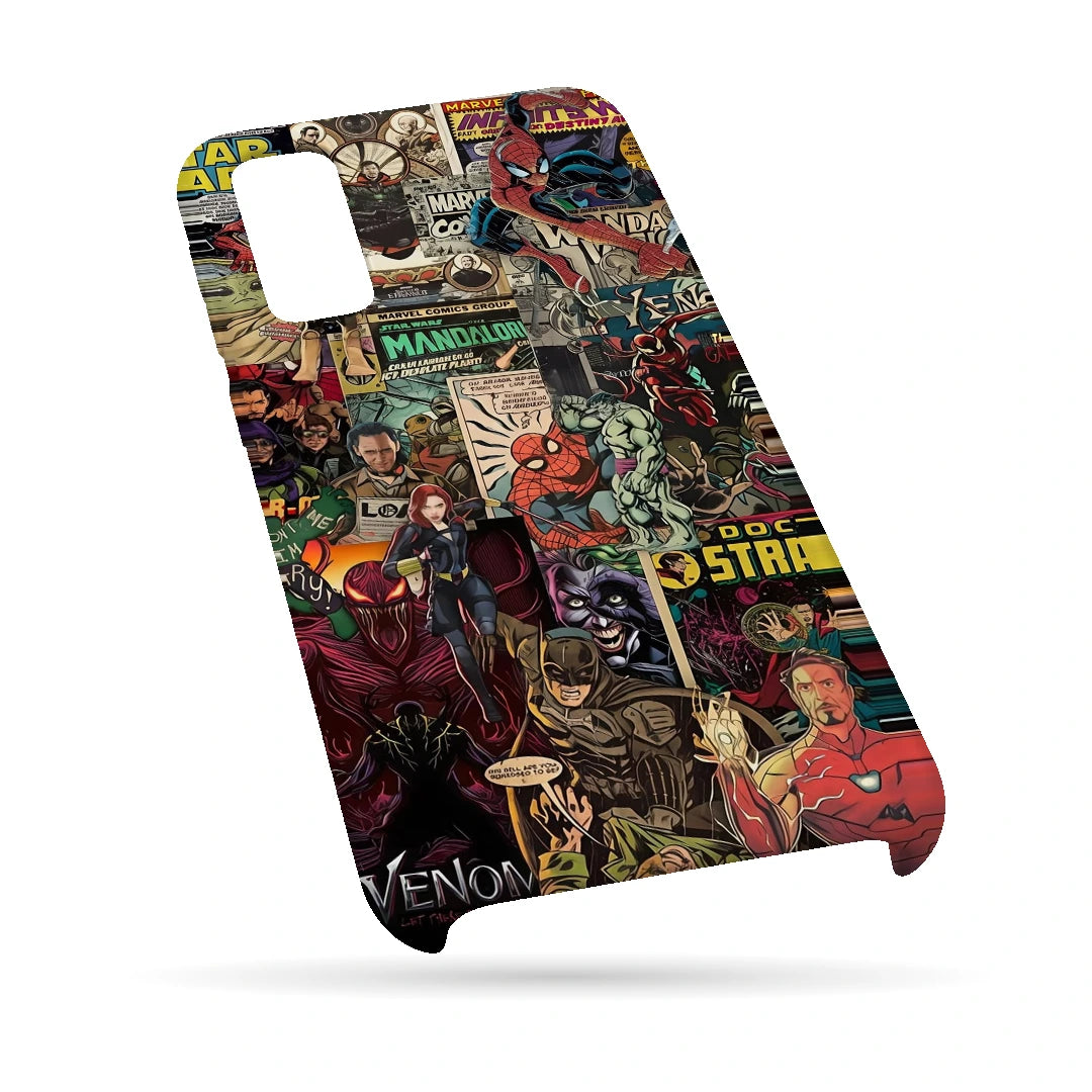 Marvel Comic Collage 3D Print Samsung M02 Phone Case, bottom view; a colorful layered collage of comic characters and illustrated panels
