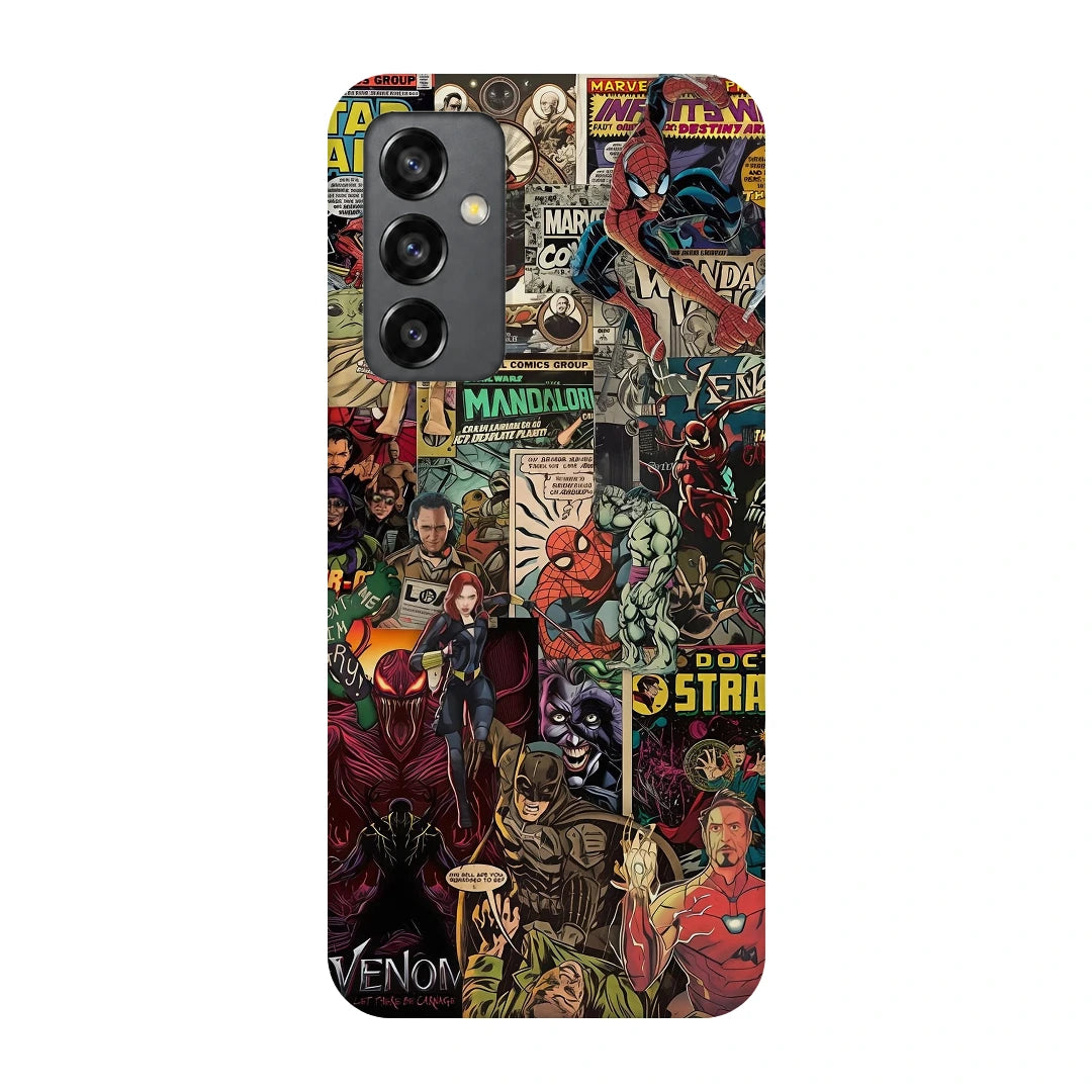 Marvel Comic Collage 3D Print Samsung Note 20 Phone Case, back view; a colorful layered collage of comic characters and illustrated panels