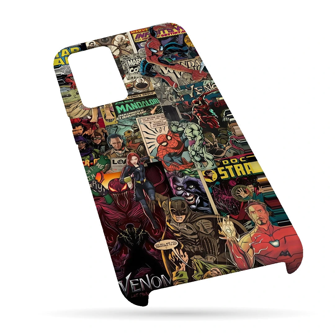 Marvel Comic Collage 3D Print Samsung Note 20 Phone Case, bottom view; a colorful layered collage of comic characters and illustrated panels