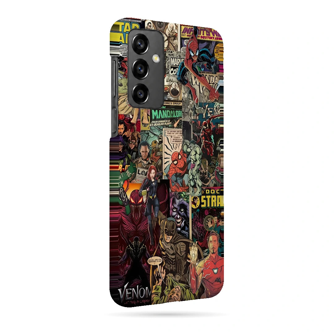 Marvel Comic Collage 3D Print Samsung Note 20 Phone Case, right-side view; a colorful layered collage of comic characters and illustrated panels