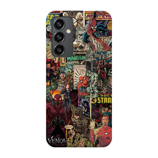 Marvel Comic Collage 3D Print Samsung S23 FE Phone Case, back view; a colorful layered collage of comic characters and illustrated panels