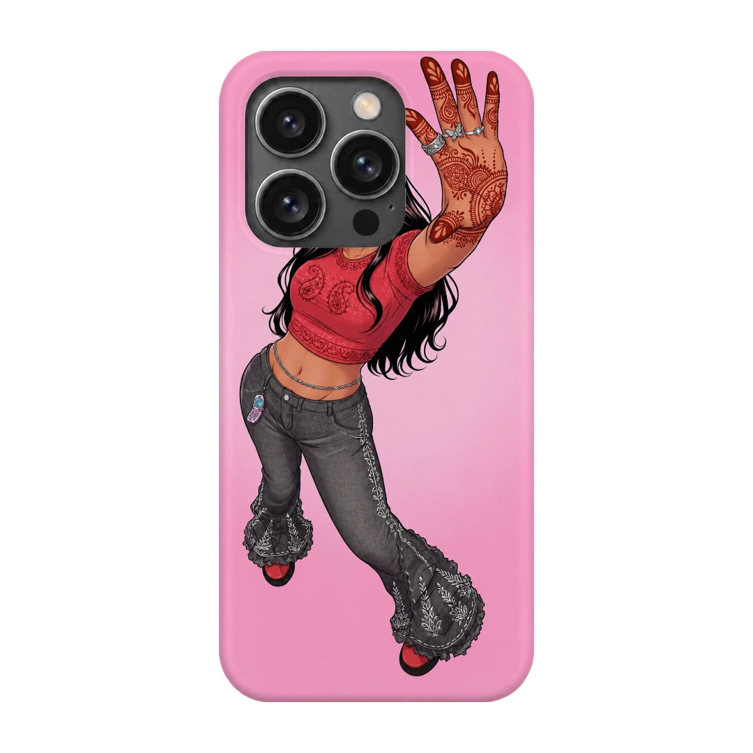 Mehendi Girl Full Pose 3D Print iPhone 14 Pro Phone Case, back view; a full-length illustrated girl in flared gray trousers against a bright pink background