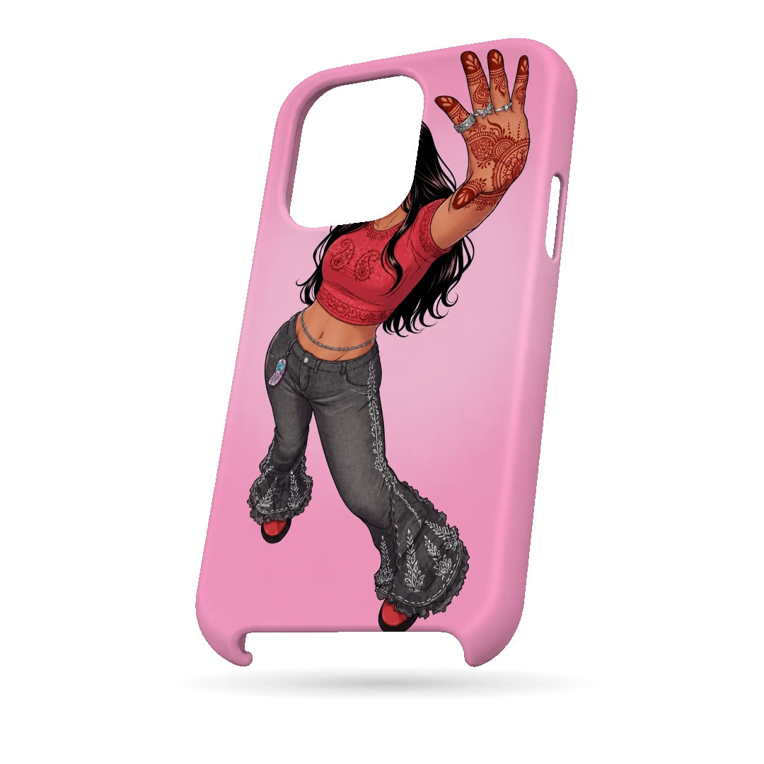 Mehendi Girl Full Pose 3D Print iPhone 14 Pro Phone Case, bottom view; a full-length illustrated girl in flared gray trousers against a bright pink background