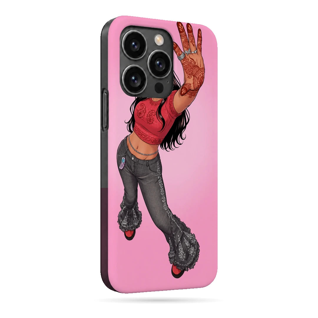 Mehendi Girl Full Pose 3D Print iPhone 14 Pro Phone Case, right-side view; a full-length illustrated girl in flared gray trousers against a bright pink background