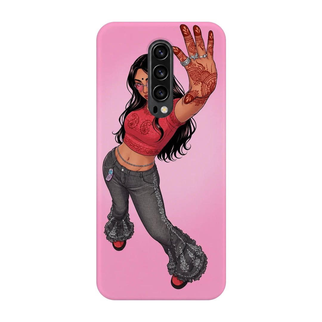 Mehendi Girl Full Pose 3D Print OnePlus 7T Pro Phone Case, back view; a full-length illustrated girl in flared gray trousers against a bright pink background