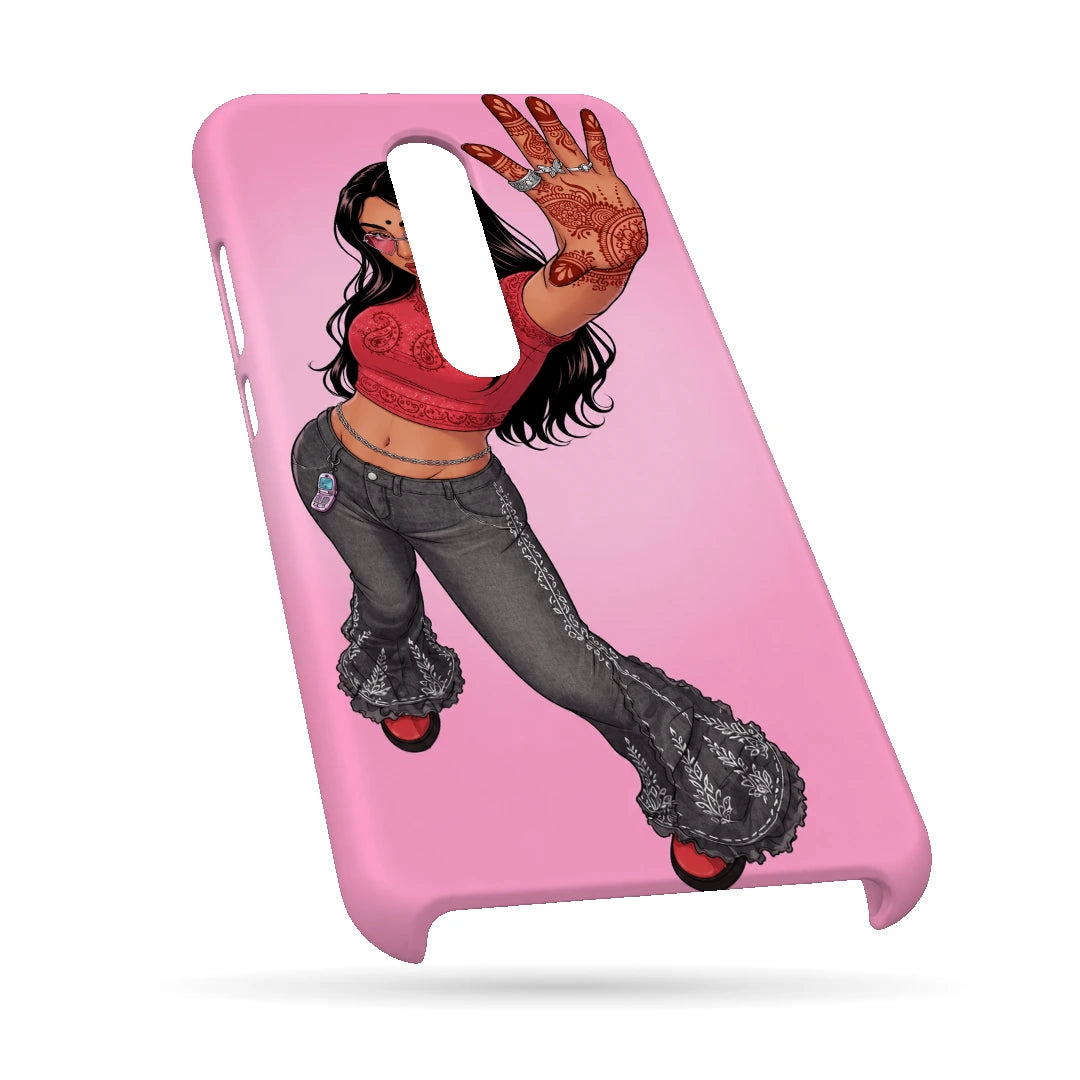 Mehendi Girl Full Pose 3D Print OnePlus 7T Pro Phone Case, bottom view; a full-length illustrated girl in flared gray trousers against a bright pink background